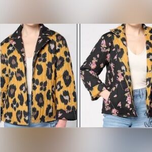 New Nicole Miller Reversible Stretch Poplin Quilted Jacket Leopard/Floral XL